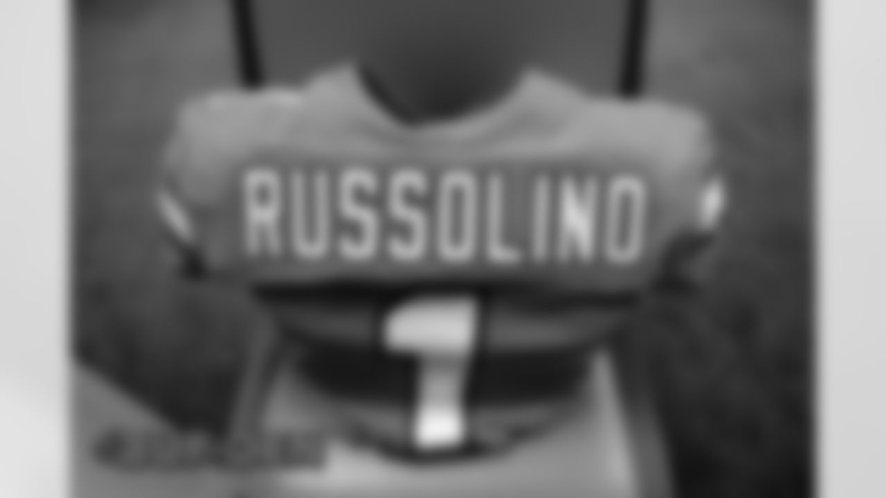 Taylor Russolino's jersey in the locker room before the Broncos' Week 15 game against the Buffalo Bills at Empower Field at Mile High in Denver, Colorado on December 19, 2020. (Photo by Joe Abdellah)