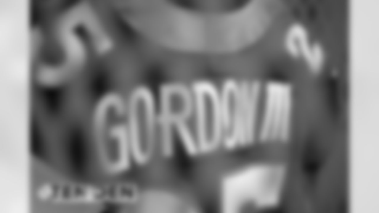 Melvin Gordon III's name plate on his jersey during a photoshoot of select players' blue alternate jerseys on September 11, 2020. (Photo by Ben Swanson)