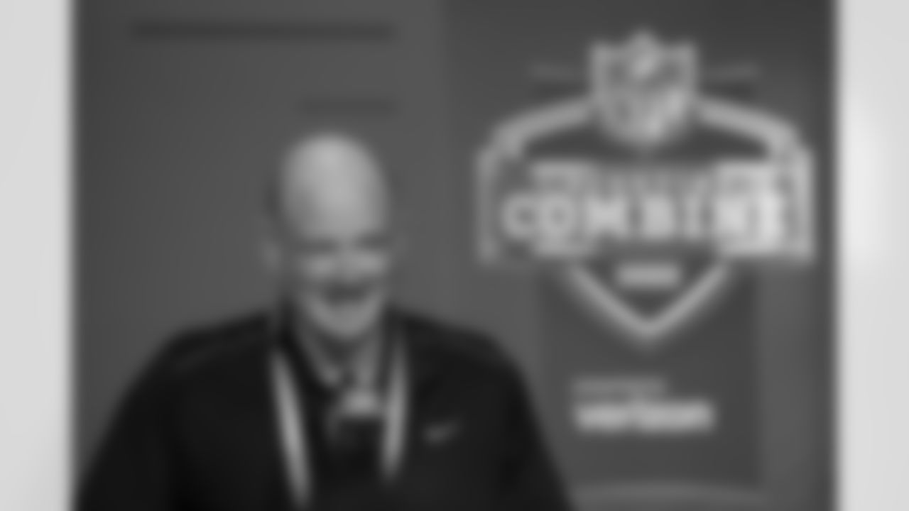 Head Coach Nathaniel Hackett speaks to the media during his press conference at the 2022 NFL Scouting Combine in Indianapolis, Indiana on March 1, 2022. (Photo by Ben Swanson)