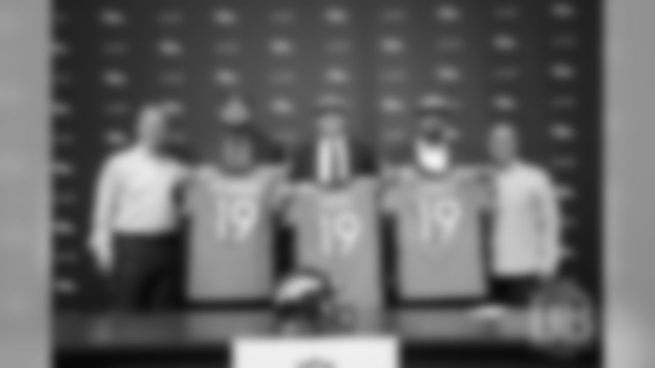 President of Football Operations/General Manager John Elway, Dalton Risner, Drew Lock, Dre'Mont Jones and Head Coach Vic Fangio pose for a photo during the arrival tour for Day 2 picks at UCHealth Training Center on April 27, 2019 after the Broncos drafted them in the 2019 NFL Draft.
