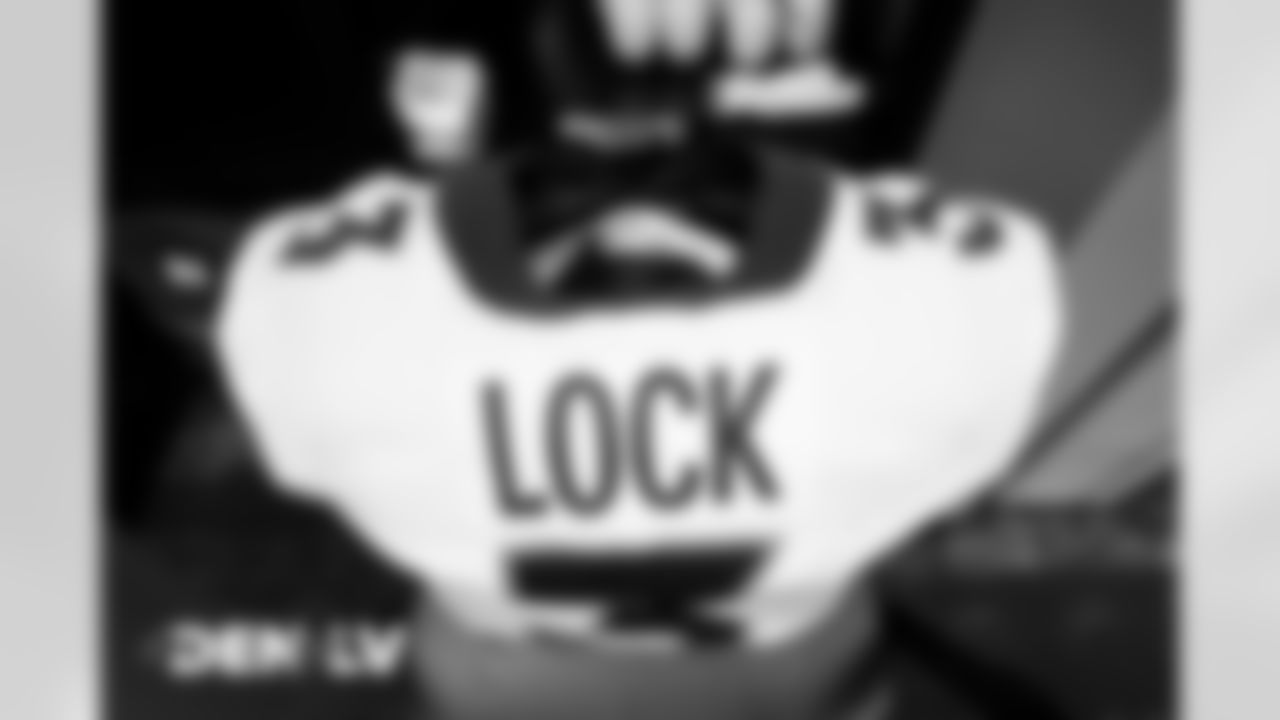 Drew Lock's jersey in the locker room before the Broncos' Week 10 game against the Las Vegas Raiders at Allegiant Stadium in Las Vegas, Nevada. (Photo by Joe Abdellah)