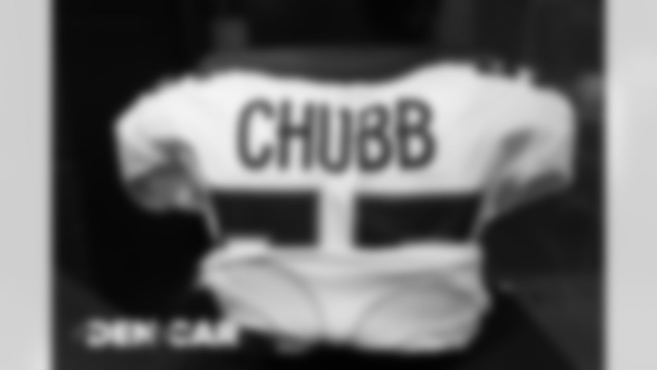 Bradley Chubb's jersey in the locker room before the Broncos' Week 14 game against the Carolina Panthers at Bank of America Stadium in Charlotte, North Carolina. (Photo by Gabriel Christus)
