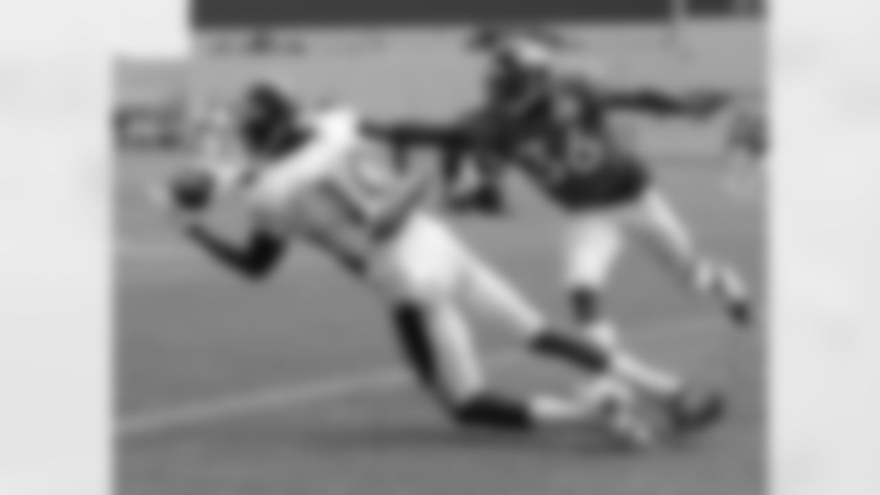 Robinson dives to catch a pass in the end zone.