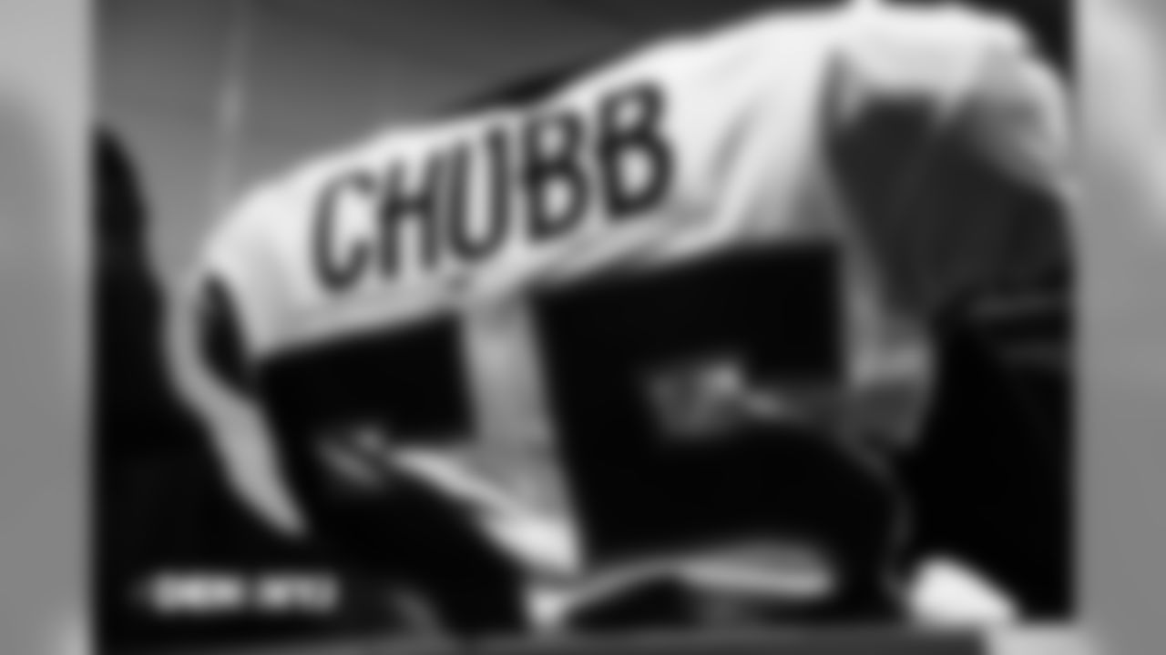 Bradley Chubb's jersey in the locker room pregame before the Broncos' Week 5 game against the New York Jets at MetLife Stadium on October 7, 2018.
