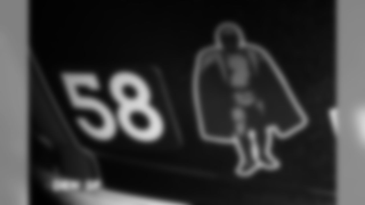 Von Miller's helmet with a Walter Payton NFL Man of the Year sticker on it in the locker room before the Broncos' Week 14 game against the San Francisco 49ers at Levi's Stadium on December 9, 2018.