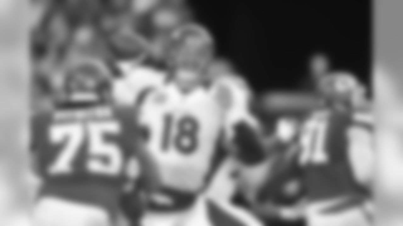 Denver Broncos quarterback Peyton Manning (18) throws to an open receiver on Denver's second series during fourth quarter action against the Kansas City Chiefs in the NFL game at Arrowhead Stadium in Kansas City, MO November 25, 2012.
