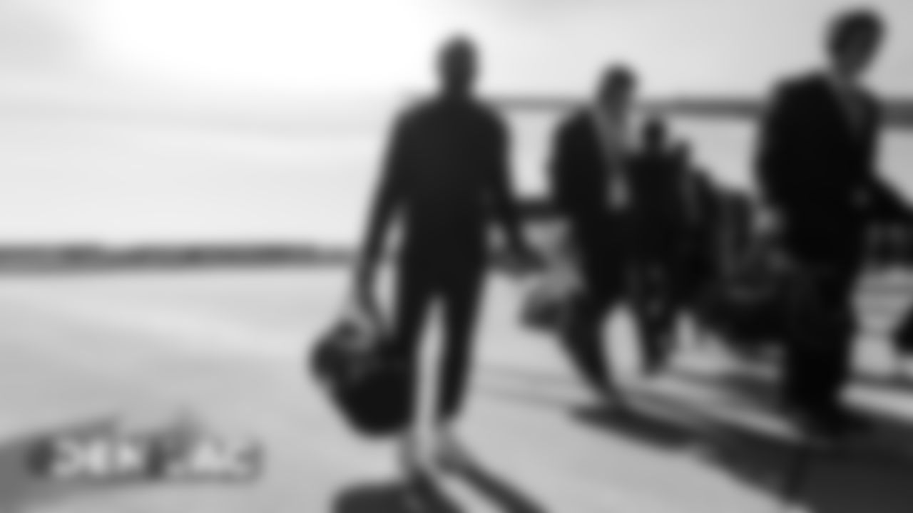 Diontae Spencer on the tarmac at Denver International Airport during the team's travel to California on October 5, 2019 ahead of their Week 5 game against the Los Angeles Chargers. (Photo by Ben Swanson)