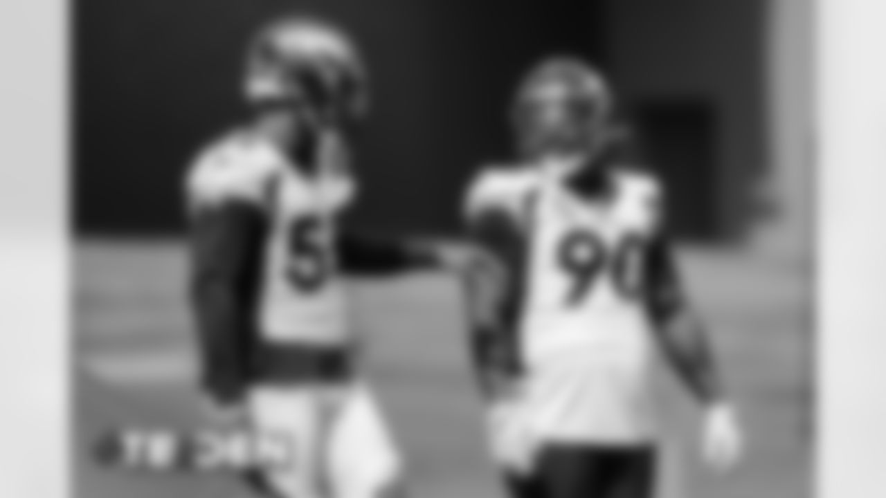 Bradley Chubb and Kyle Peko during practice at UCHealth Training Center on September 25, 2020. (Photo by Ben Swanson)