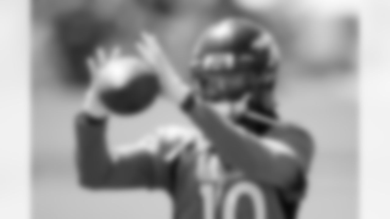 Jerry Jeudy catches passes after practice during the ninth day of OTA practices at UCHealth Training Center on June 9, 2021. (Photo by Ben Swanson)