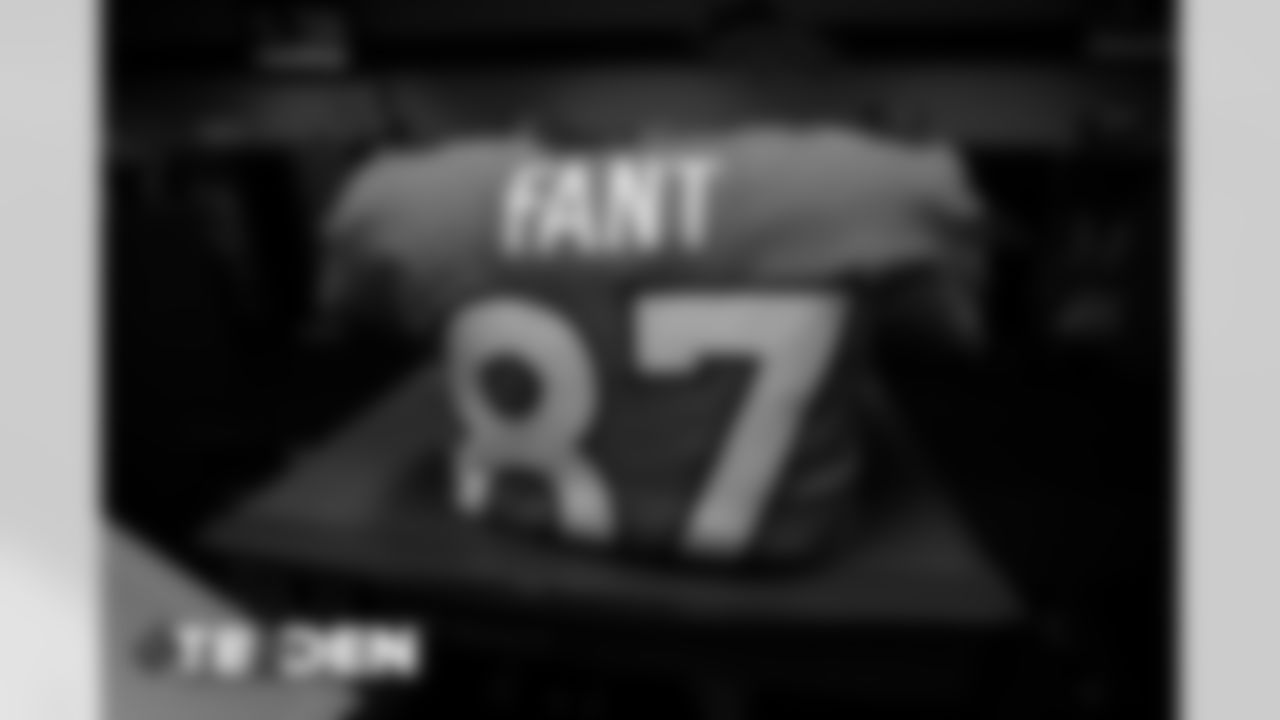 Noah Fant's jersey in the locker room before the Broncos' Week 3 game against the Tampa Bay Buccaneers at Empower Field at Mile High on September 27, 2020. (Photo by Ben Swanson)