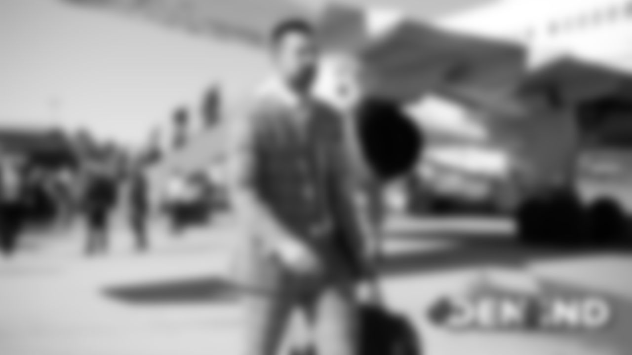 Brandon McManus on the tarmac at Denver International Airport during the team's travel to Indiana on October 26, 2019 ahead of their Week 8 game against the Indianapolis Colts. (Photo by Ben Swanson)