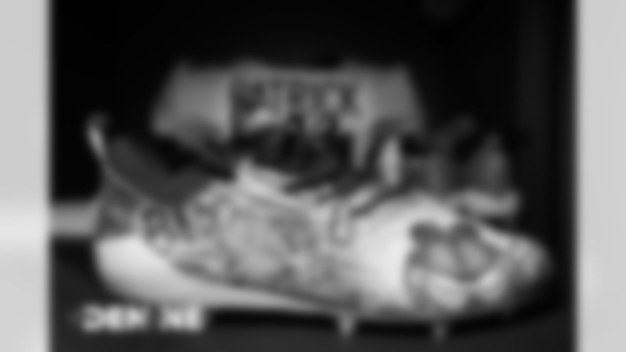Tim Patrick's Garfield-themed cleats in the locker room before the Broncos' Week 6 game against the New England Patriots at Gillette Stadium in Foxborough, Massachusetts, on October 18, 2020. (Photo by Ben Swanson)