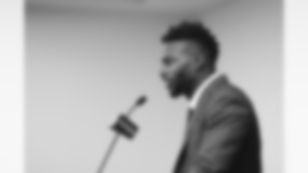 Emmanuel Sanders talks at a press conference announcing his retirement on Wednesday, September 7, 2022 at UCHealth Training Center in Englewood, Colorado.
Photo by Gabriel Christus/Denver Broncos