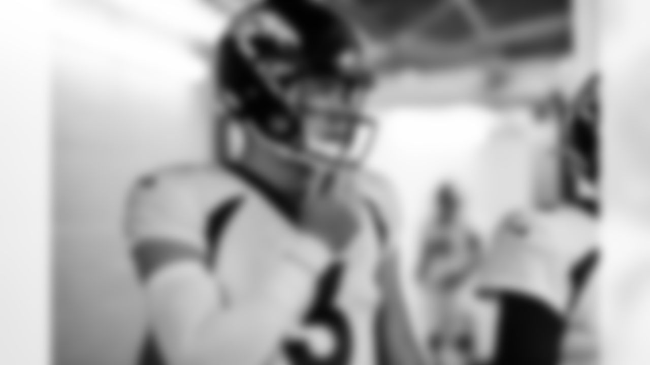Drew Lock before the Broncos' Week 16 game against the Las Vegas Raiders at Allegiant Stadium in Las Vegas, Nevada on December 26, 2021. (Photo by David Dermer)