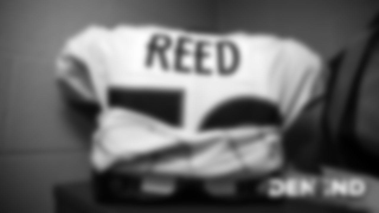 Malik Reed's jersey in the visiting locker room for the Broncos' game against the Indianapolis Colts at Lucas Oil Stadium on October 27, 2019. (Photo by Ben Swanson)