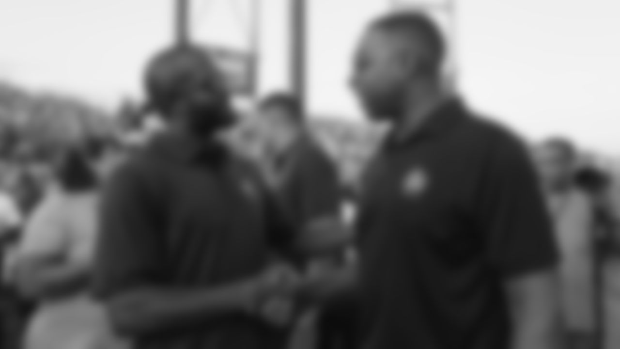 Champ Bailey with Cris Carter before the Broncos' preseason matchup with the Falcons in the Pro Football Hall of Fame Game on August 1, 2019 at Tom Benson Hall of Fame Stadium.