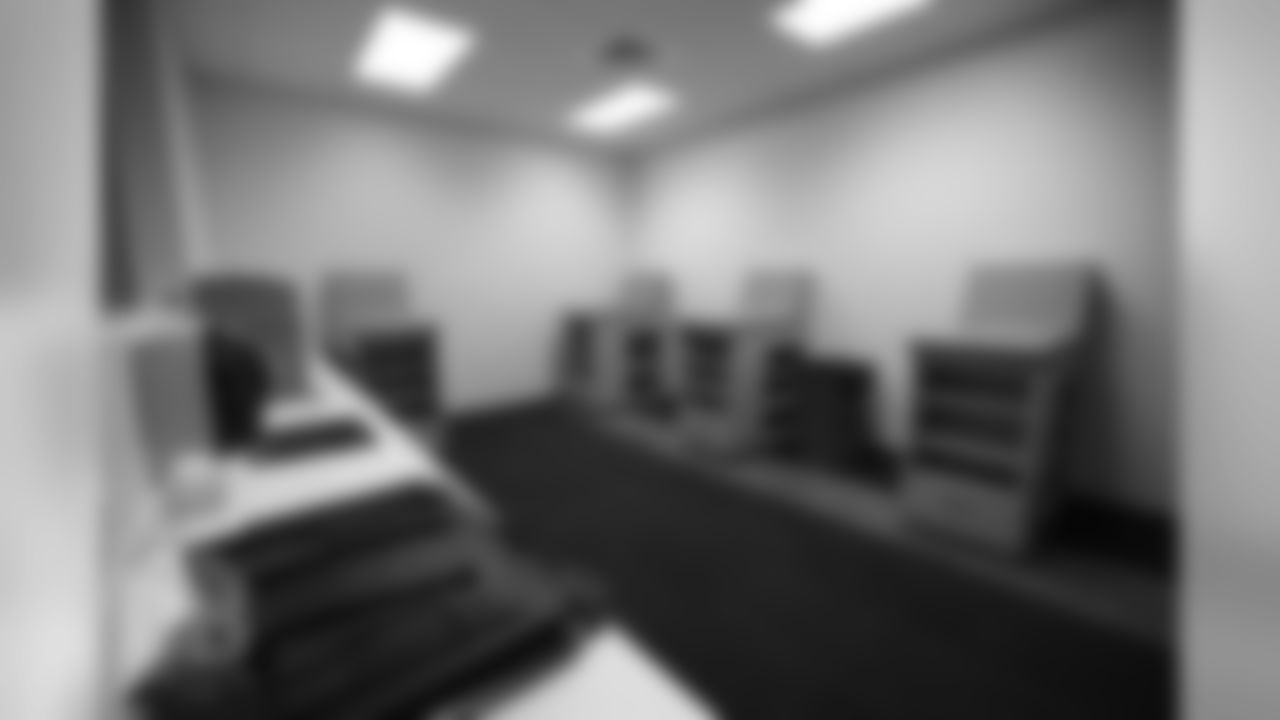 Precautions to help prevent the spread of COVID-19 can be seen during a recent visit to UCHealth Training Center. Here, an auxiliary training room has been set up in the field house to accommodate for the limited space in the main building for social distancing. (Photo by Ben Swanson)