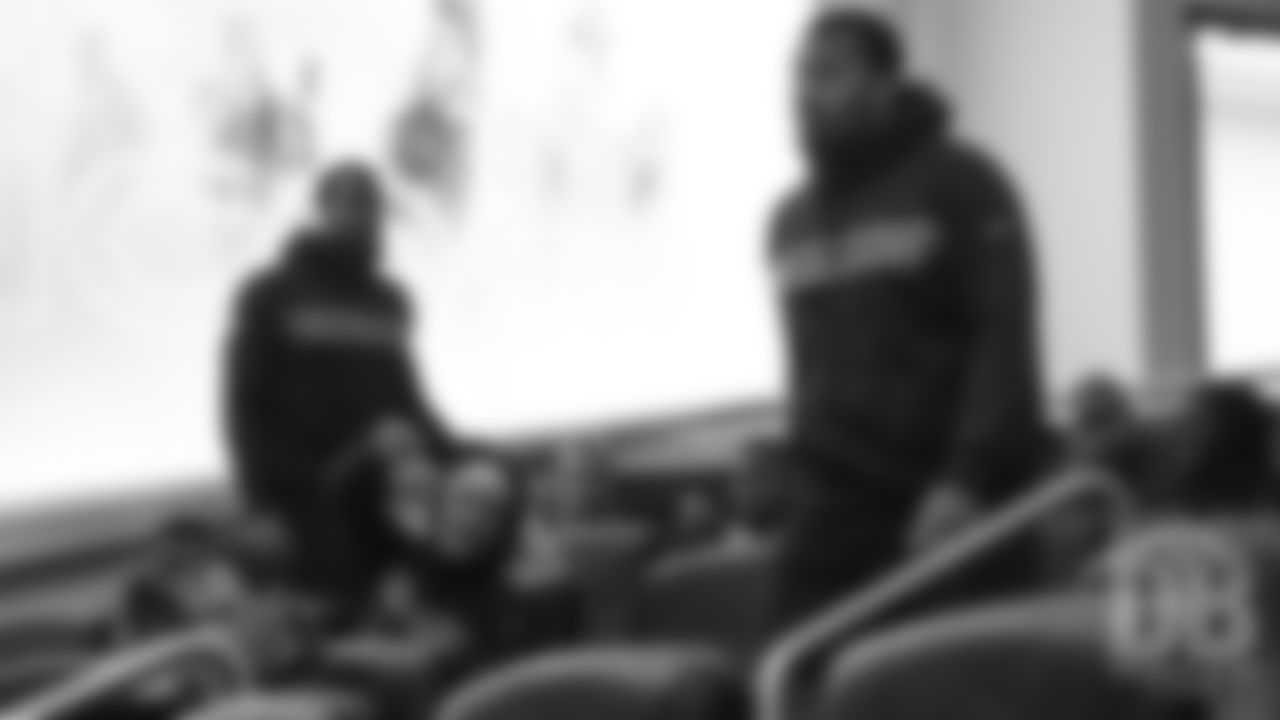 during the Broncos' 2018 community awards announcement ceremony during a team meeting on December 6, 2018.