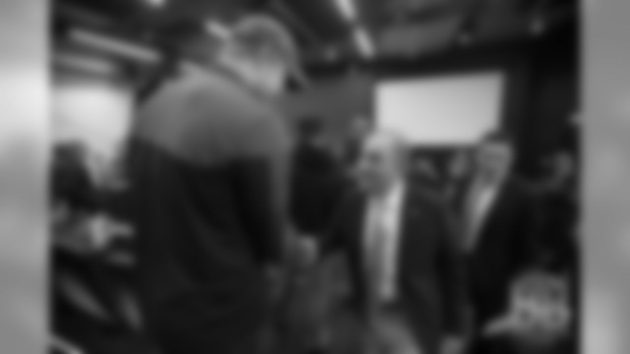 Casey Kreiter greets Head Coach Vic Fangio after his introductory press conference on January 10, 2019.
Photo by Gabriel Christus