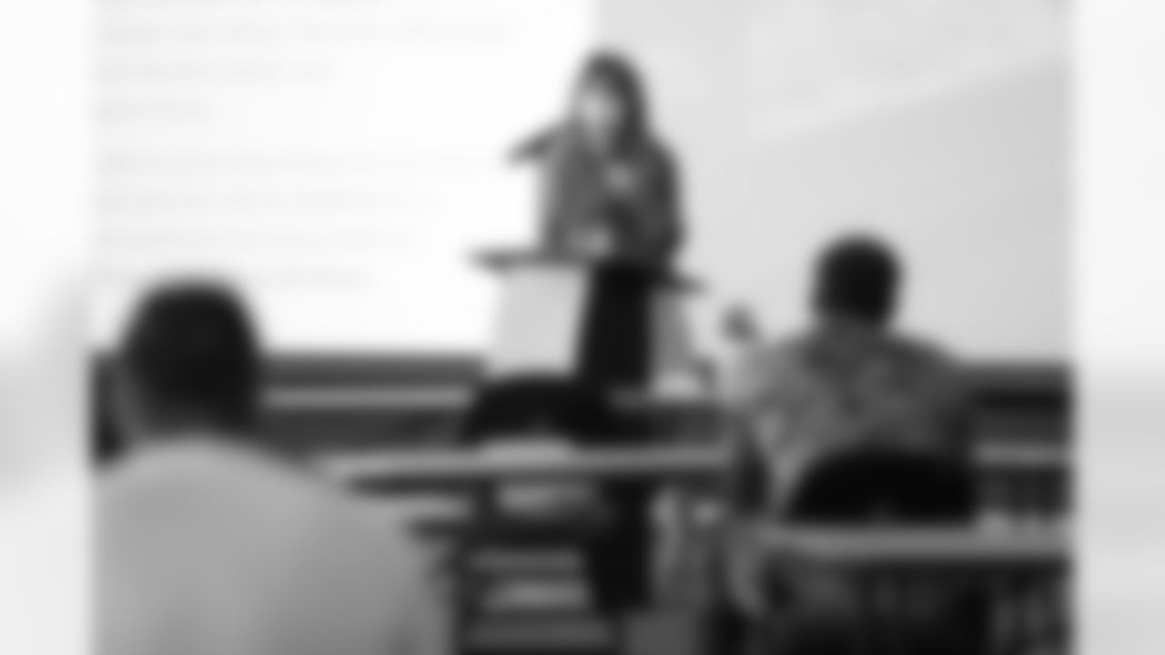 Executive Vice President of Human Resources Nancy Svoboda during a team meeting briefing the players on COVID-19 and the organization's response to it, including an overview of the facility protocols, on August 2, 2020. (Photo by Ben Swanson)