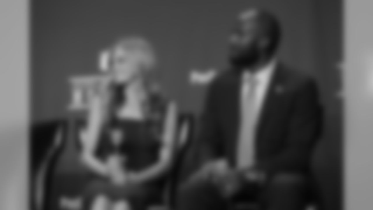 Annabel Bowlen, representing her father Pat Bowlen, and Champ Bailey at the press conference for the Pro Football Hall of Fame's Class of 2019 on February 2, 2019.