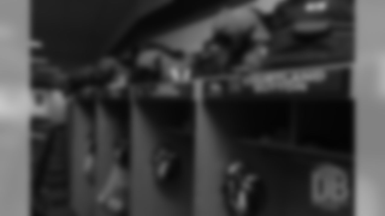 Wide receiver Courtland Sutton (14) and other wide receivers' jerseys and lockers inside the locker room pregame before the Broncos' preseason game against the Minnesota Vikings on August 11, 2018, at Broncos Stadium at Mile High.