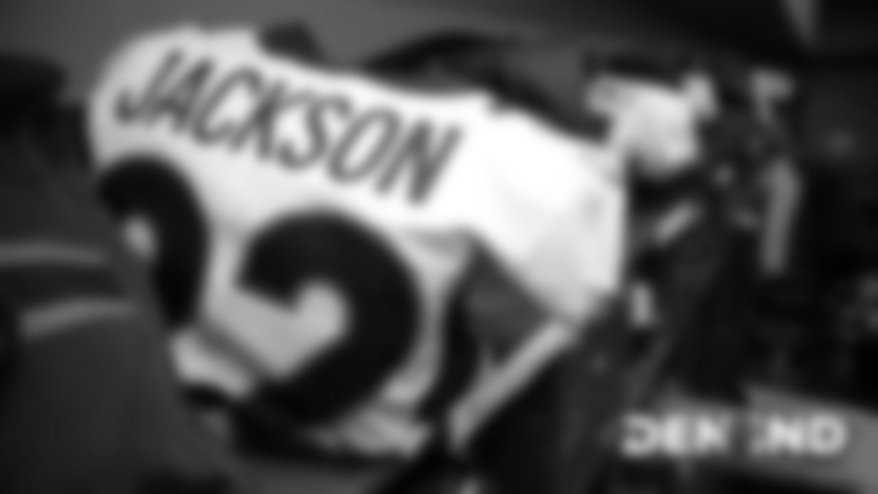 Kareem Jackson's jersey in the visiting locker room for the Broncos' game against the Indianapolis Colts at Lucas Oil Stadium on October 27, 2019. (Photo by Ben Swanson)