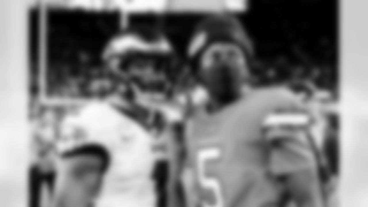 Teddy Bridgewater and Philadelphia Eagles quarterback Jalen Hurts (1) after the Broncos' Week 10 game against the Philadelphia Eagles at Empower Field at Mile High in Denver, Colorado on November 14, 2021. (Photo by Eric Lars Bakke)