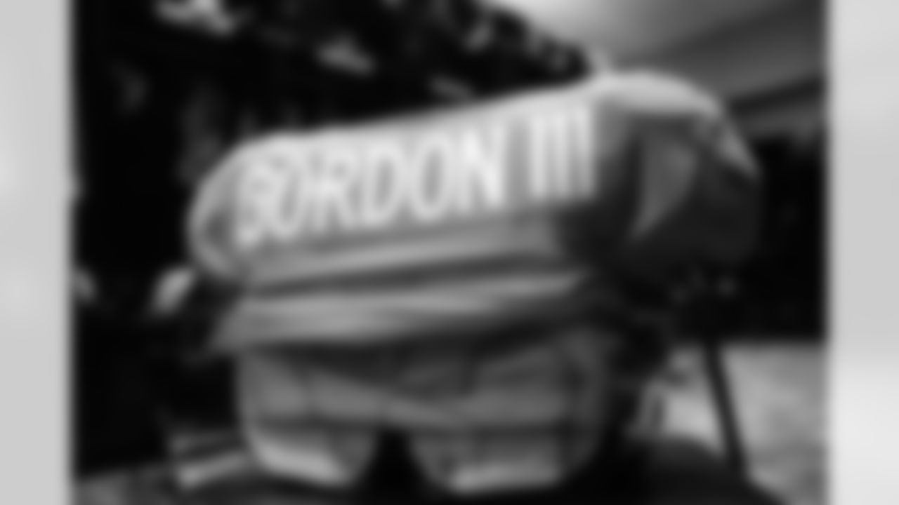 Melvin Gordon III's jersey in the locker room before the Broncos' Week 2 game against the Jacksonville Jaguars at TIAA Bank Field in Jacksonville, Florida on September 19, 2021. (Photo by Sydney Jones)