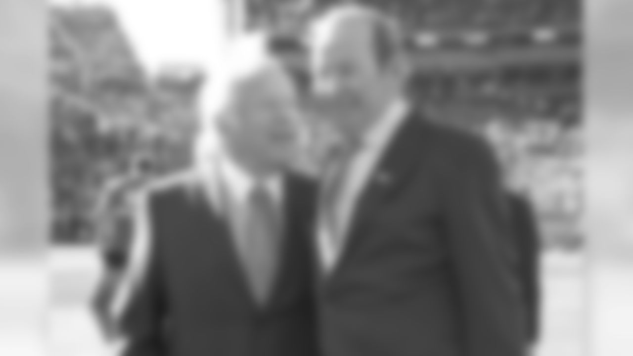 Denver Broncos owner and CEO Pat Bowlen with New England Patriots owner Robert Kraft before the AFC Championship playoff NFL game at Sports Authority Field in Denver, CO on January 19, 2014.
