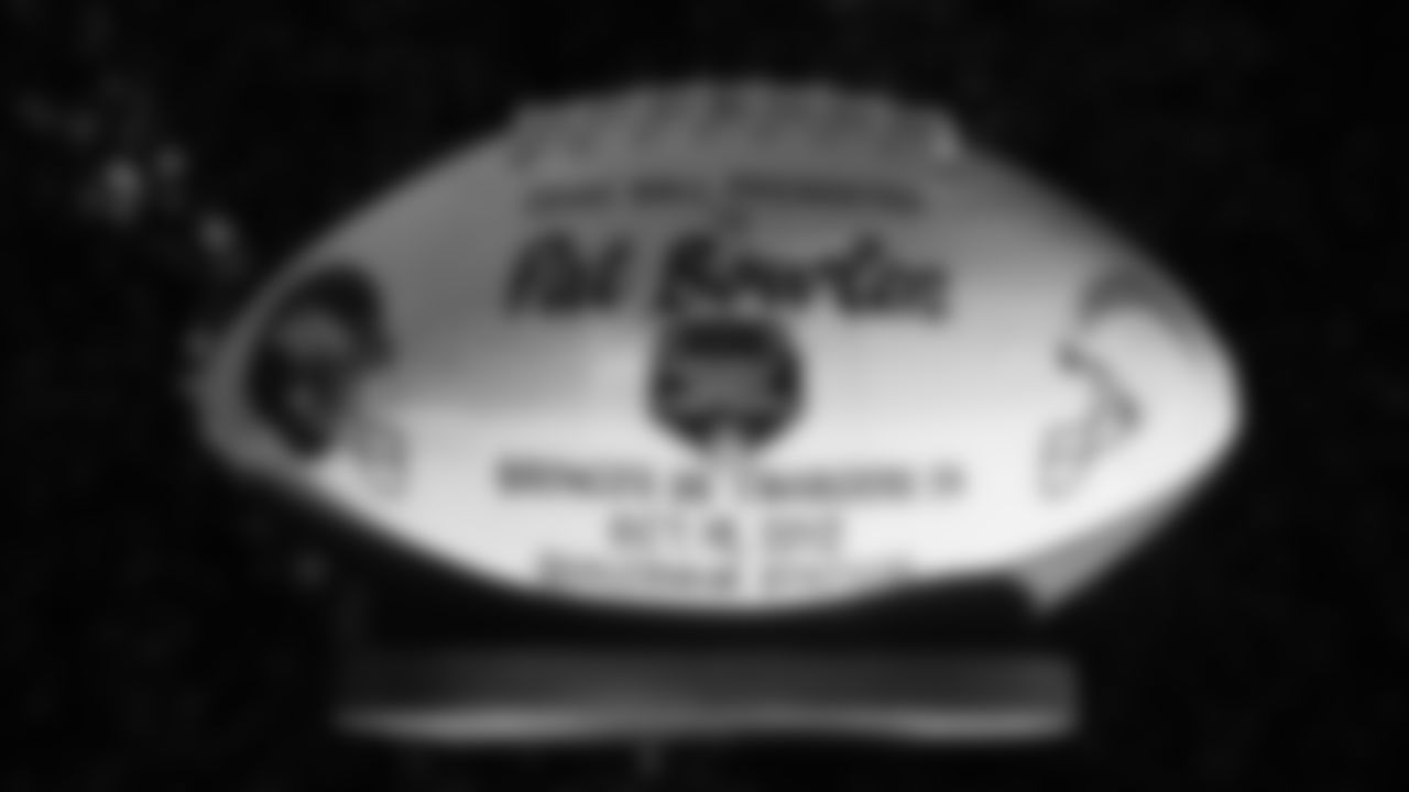 Mr. Bowlen's game football from the Broncos' October 15, 2012, victory over the Chargers is featured in a display at the open-house tribute to Pat Bowlen at Broncos Stadium at Mile High on June 18, 2019.