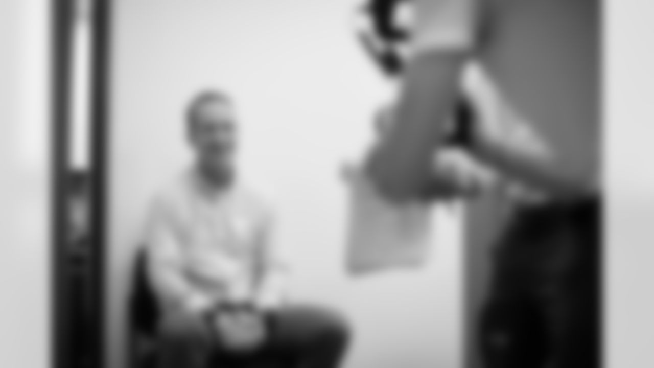 During filming for the Broncos' 2021 schedule release video, former quarterback and current "intern" Peyton Manning sits for a monologue at UCHealth Training Center on May 10, 2021. (Photo by Ben Swanson)