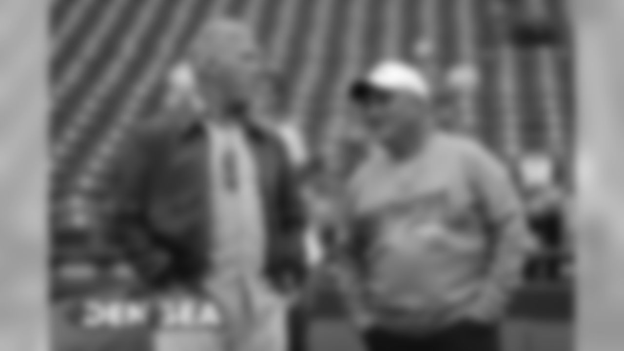 President of Football Operations/General Manager John Elway and Head Coach Vic Fangio before a preseason game against the Seattle Seahawks at CenturyLink Field in Seattle on August 8, 2019.