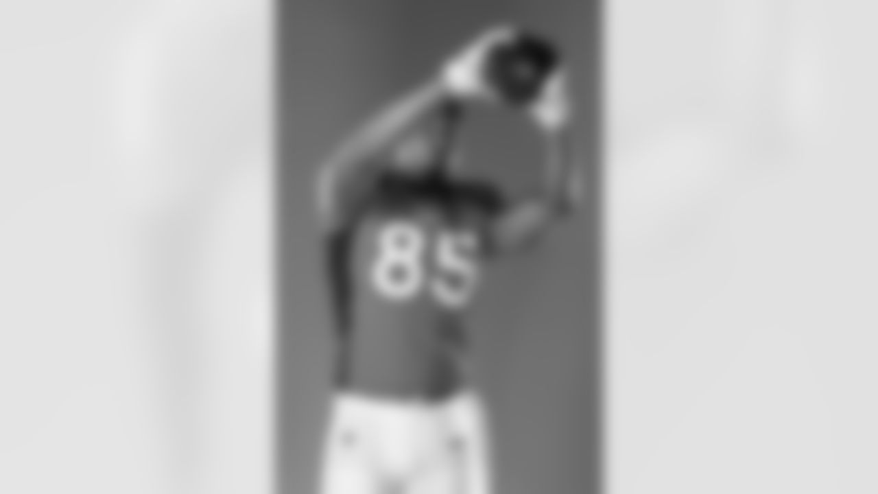 Denver Broncos tight end Albert Okwuegbunam (85) poses for a photo during the Denver Broncos photoshoot, Wednesday, June 8, 2022, in Denver, Colorado. (Harrison Braden/NFL)