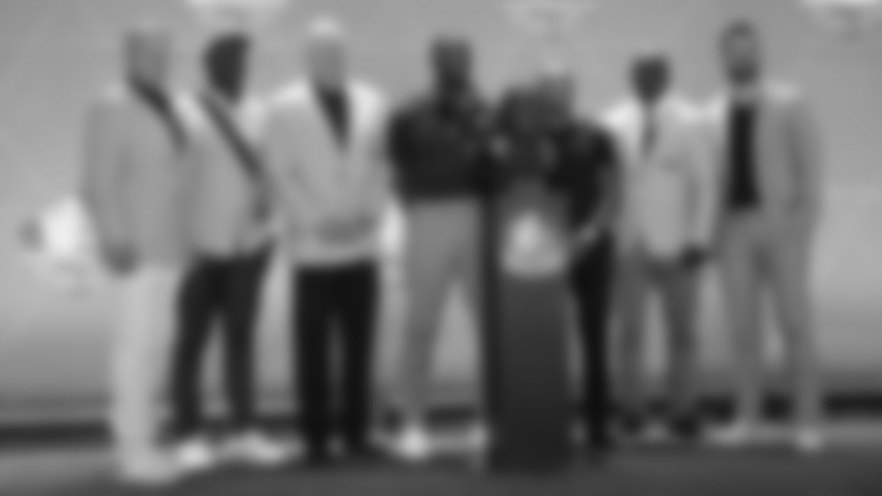 John Elway, Von Miller, Gary Zimmerman, Shannon Sharpe, Chris Harris Jr., Terrell Davis, Brandon McManus with Pat Bowlen's bust at the 2019 Pro Football Hall of Fame enshrinement ceremony on August 3, 2019 in downtown Canton, Ohio.