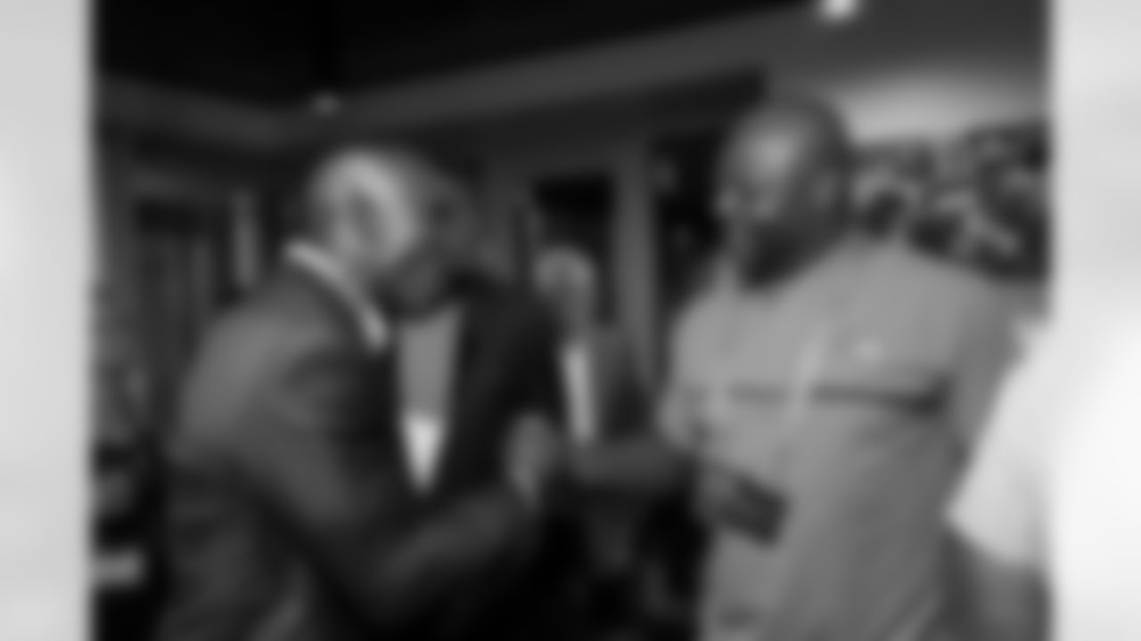 Al Wilson and Terrell Davis during the alumni banquet and reunion celebration at Centura Health Training Center in Englewood, Colorado on September 16, 2023. Photo by Ben Swanson / Denver Broncos
