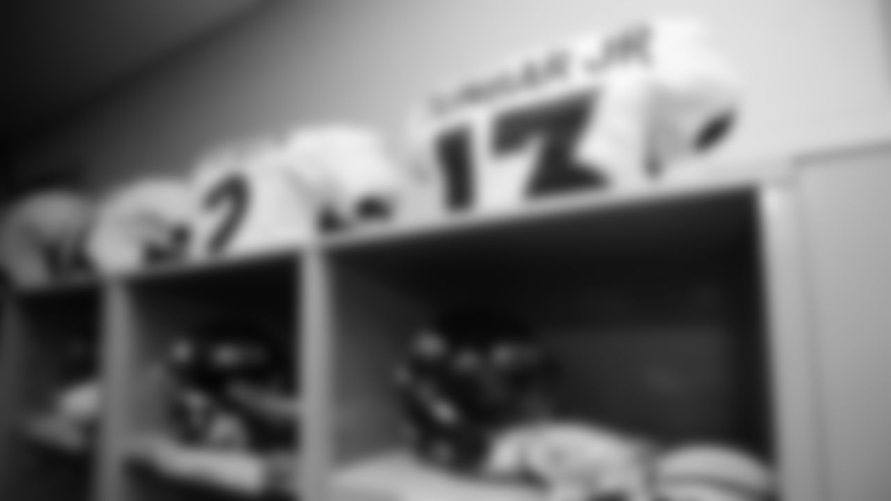 Steven Dunbar's jersey inside the locker room during the equipment setup before the Broncos' preseason matchup with the Falcons in the Pro Football Hall of Fame Game on August 1, 2019 at Tom Benson Hall of Fame Stadium.