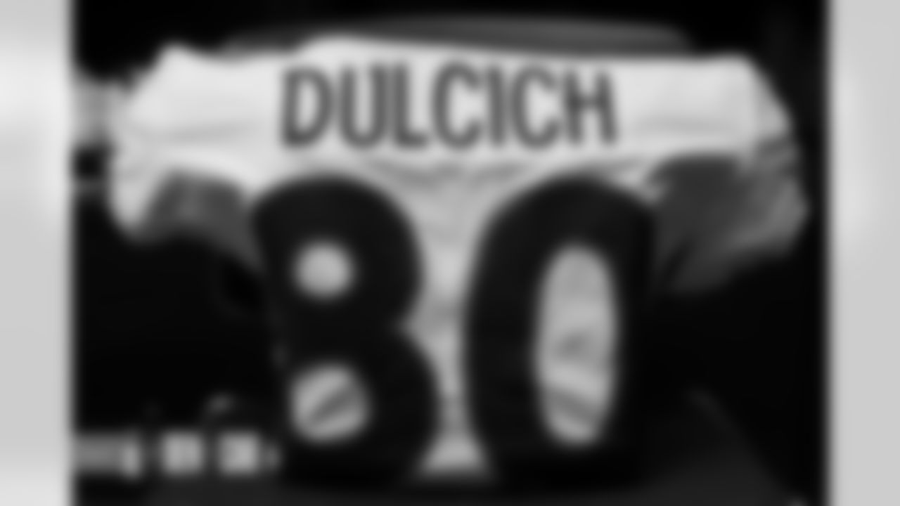 Greg Dulcich's jersey in the locker room before the Broncos' Week 12 game against the Carolina Panthers at Bank of America Stadium in Charlotte, North Carolina on November 27, 2022. (Photo by Gabriel Christus)