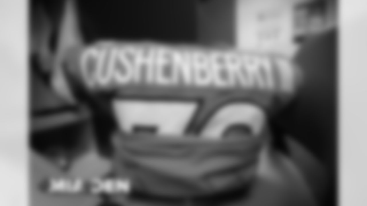 Lloyd Cushenberry III's jersey in the locker room before the Broncos' Week 11 game against the Miami Dolphins at Empower Field at Mile High in Denver, Colorado on November 22, 2020. (Photo by Ben Swanson)