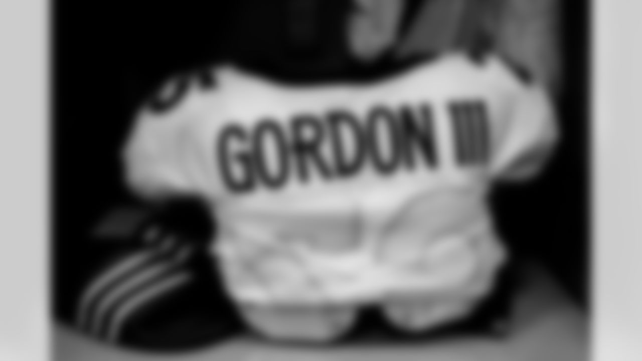 Melvin Gordon III's jersey in the locker room before the Broncos' Week 1 game against the New York Giants at MetLife Stadium in East Rutherford, New Jersey, on September 12, 2021. (Photo by Joe Abdellah)