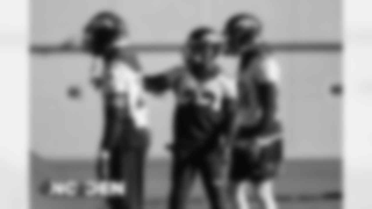 A.J. Bouye, Kareem Jackson and Justin Simmons at practice at UCHealth Training Center on November 28, 2020. (Photo by Ben Swanson)
