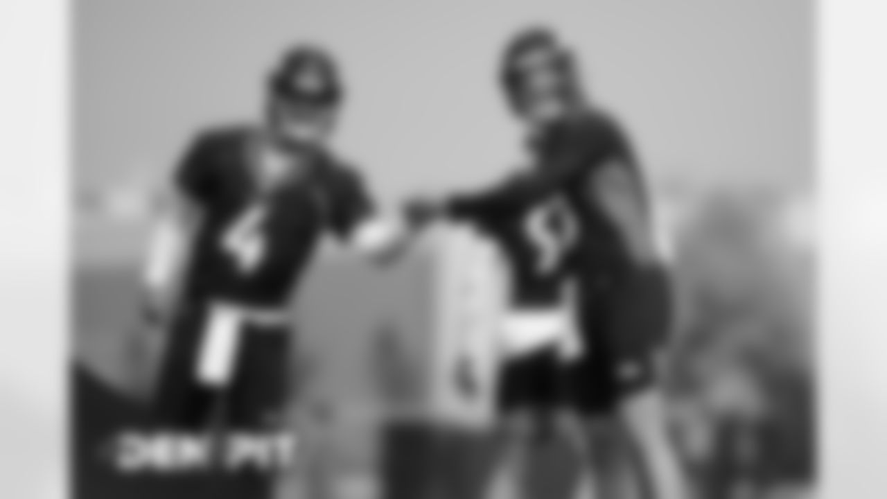 Brett Rypien and Drew Lock during practice at UCHealth Training Center on September 18, 2020. (Photo by Ben Swanson)