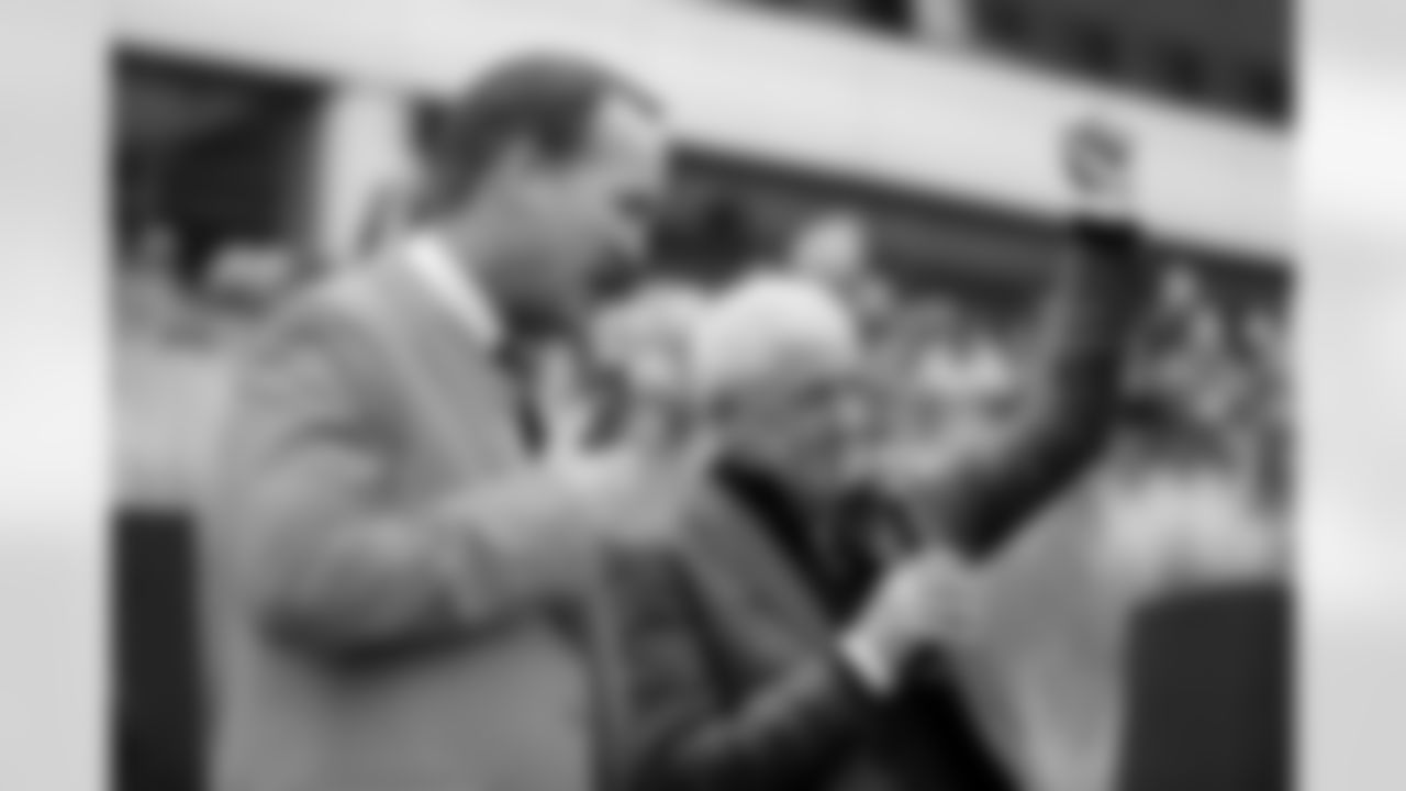Peyton Manning and John Fox during a Ring of Fame ceremony before the Broncos' Week 8 game against the Washington Football Team at Empower Field at Mile High in Denver, Colorado on October 31, 2021. (Photo by Gabriel Christus)