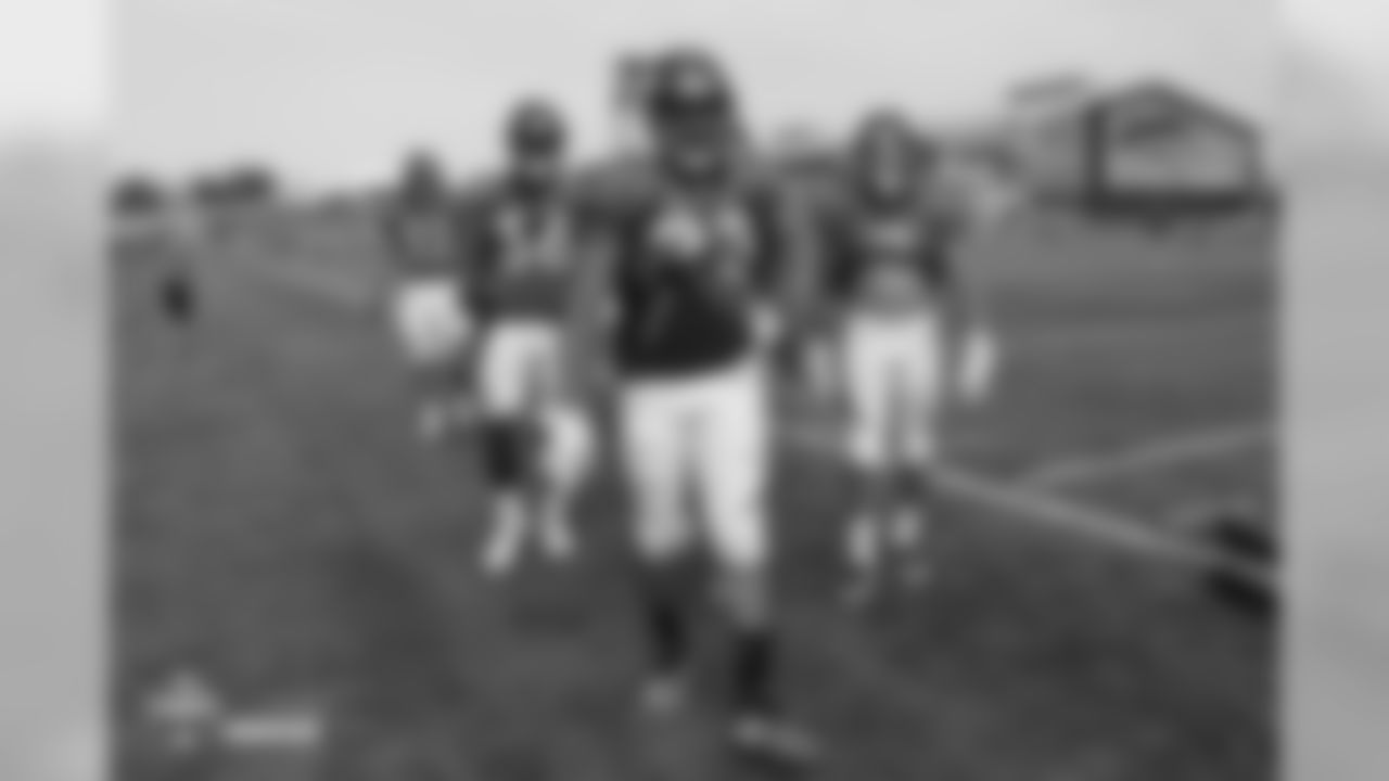 Running back Devontae Booker (23), running back Dave Williams (36), fullback Andy Janovich (32) and running back Phillip Lindsay (2) at the fifth day of training camp on August 1, 2018, at UCHealth Training Center.