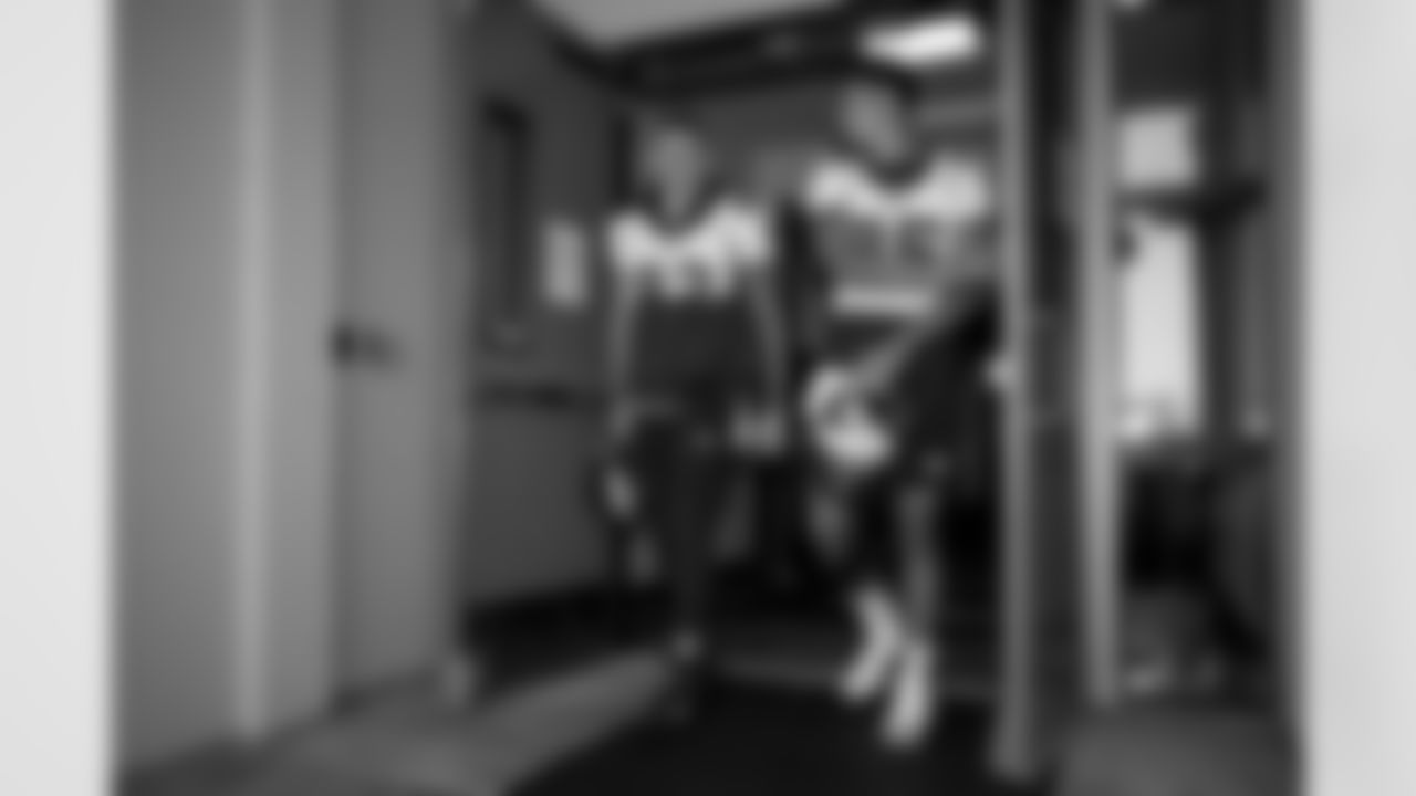 Eric Saubert and Albert Okwuegbunam walks out of the locker room before the second day of training camp at UCHealth Training Center on July 29, 2021. (Photo by Sam Weaver)