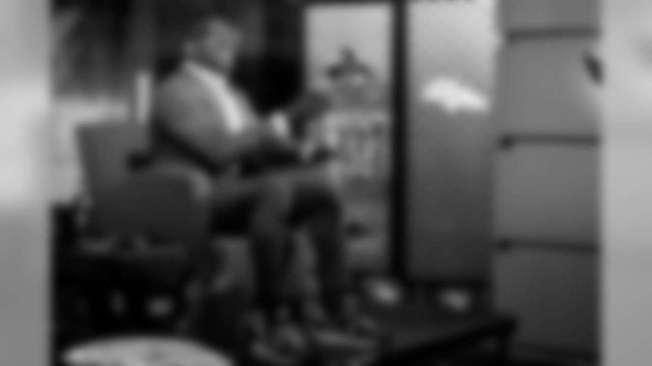 Shannon Sharpe remotely films his side of "Undisputed," the FOX Sports talk show that he stars in opposite of Skip Bayless, from the Broncos Media Studio on October 11, 2019. (Photo by Jeremy Rincon)