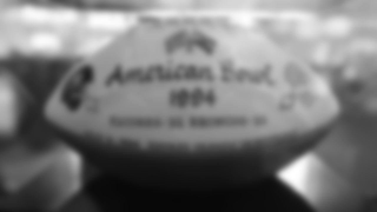 A game ball commemorating the Broncos' participation in the 1994 American Bowl is featured in a display at the open-house tribute to Pat Bowlen at Broncos Stadium at Mile High on June 18, 2019.