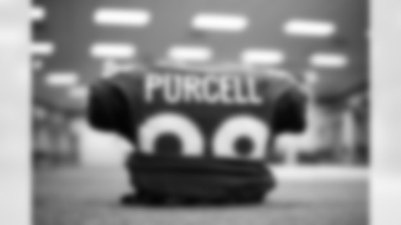 Mike Purcell's jersey in the locker room before the Broncos' Week 18 game against the Kansas City Chiefs at Empower Field at Mile High in Denver, Colorado on January 8, 2022. (Photo by Ben Swanson)