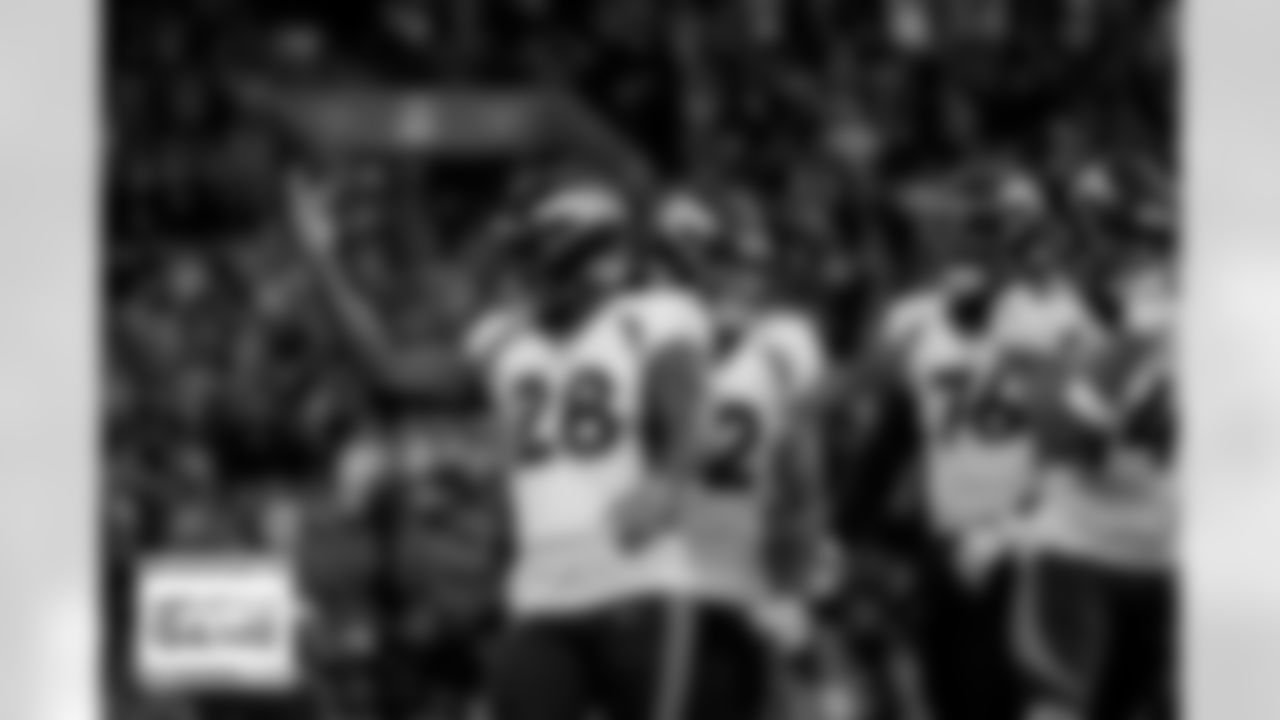 Denver Broncos running back Damarea Crockett (28) celebrates with team mates after scoring a touchdown during an international NFL game against the Jacksonville Jaguars on Sunday, October 30, 2022 in London.
Photo by Gabriel Christus / Denver Broncos