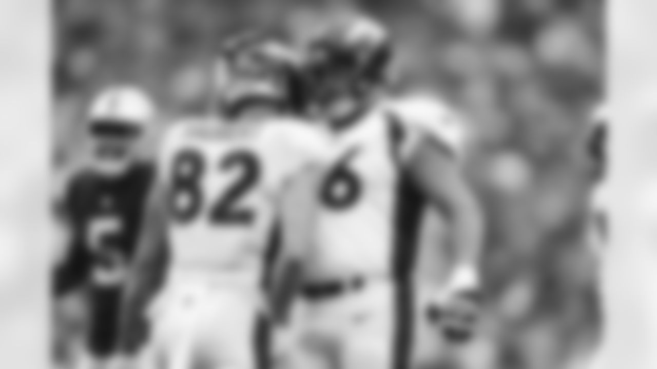 Denver Broncos tight end Eric Saubert (82) and guard Dalton Risner (66) celebrate after a play during the NFL Game against the Las Vegas Raiders on Sunday, October 2, 2022 at Allegiant Stadium in Las Vegas, Nevada.
Gabriel Christus / Denver Broncos